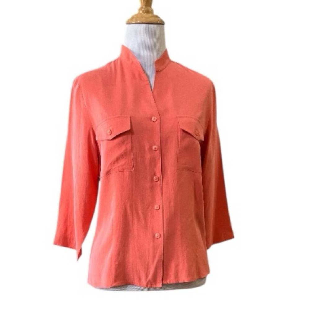 KIM ROGERS SIGNATURE SILK BUTTON DOWN BLOUSE LIGHT CORAL ORANGE SIZE SMALL